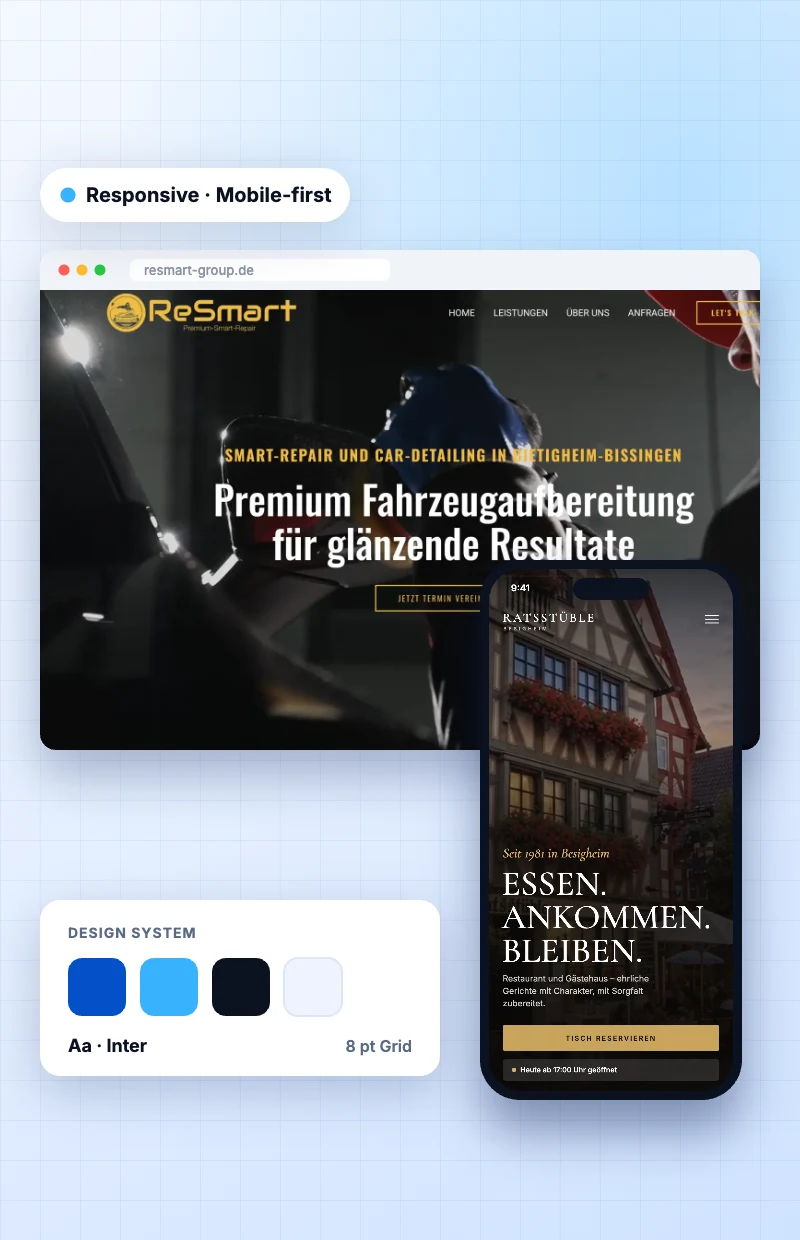 Webdesign-Mockup: ReSmart-Website im Browser und Ratsstüble-Website auf dem Smartphone